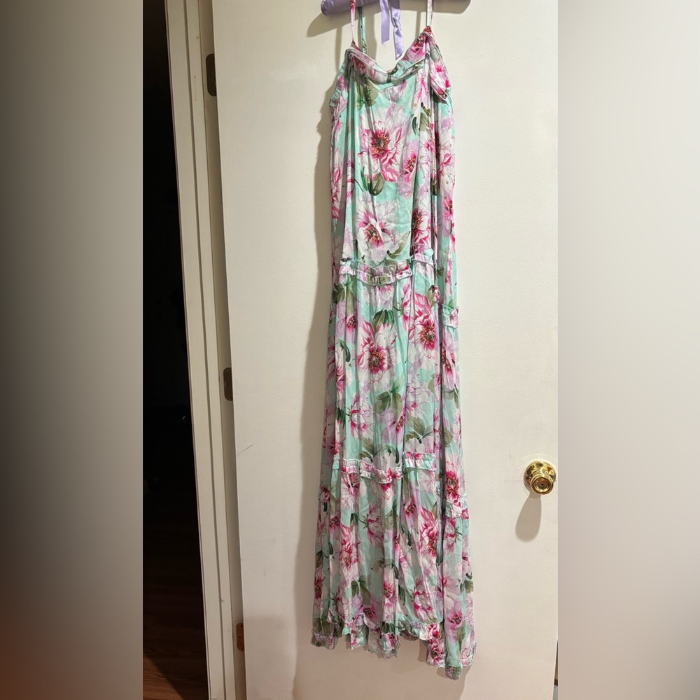 Miss June Strapless Floral Maxi Dress - Pink and blue peonies s Medium